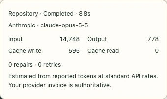 Archwoven Last task report for an Anthropic repository import: 14,748 input tokens, 778 output tokens, 595 cache-write tokens, zero cache reads, repairs or retries.