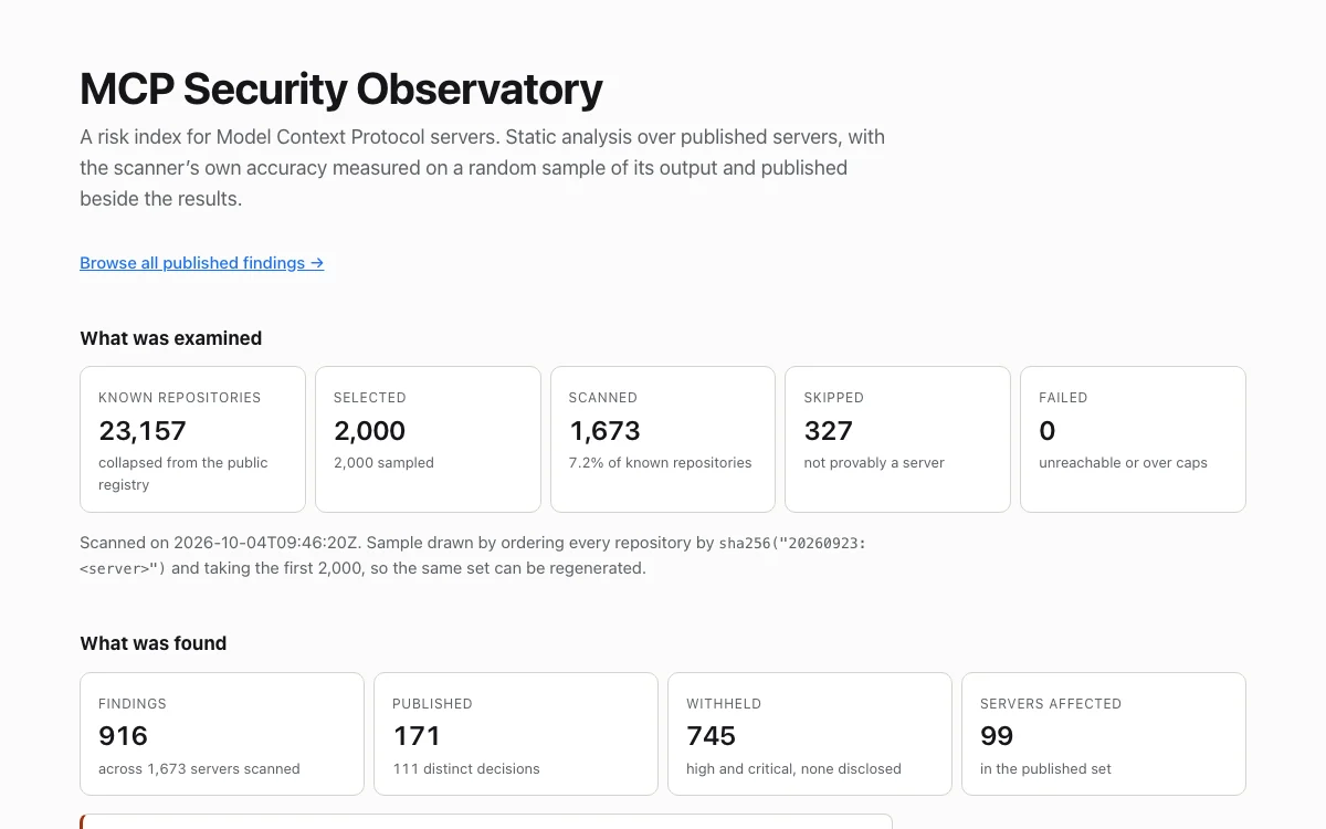 MCP Security Observatory live site, showing its scan and disclosure summaries.